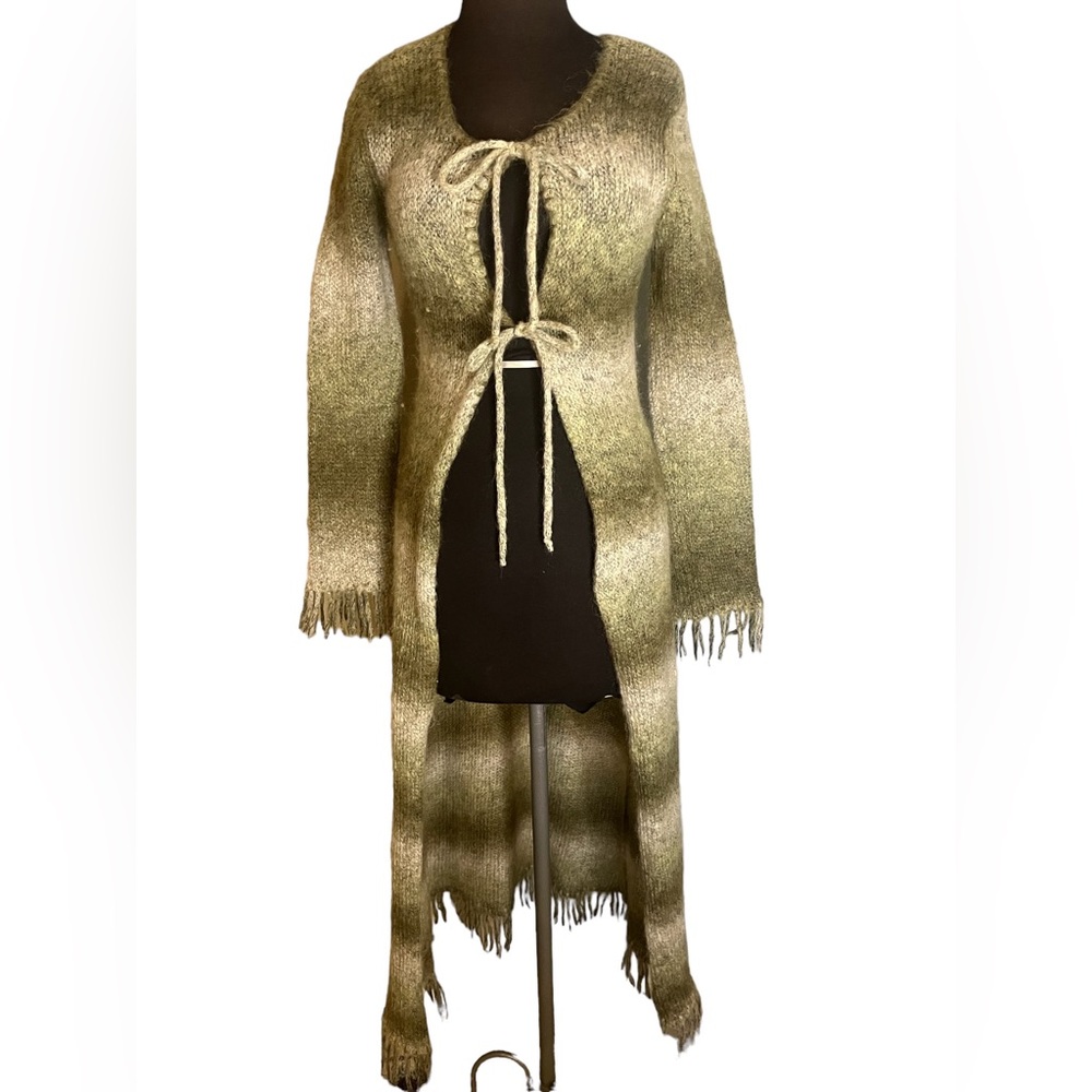 Vtg Y2K Twiggy Green Multi Colored Mohair Tie Front Fringe Duster Cardigan